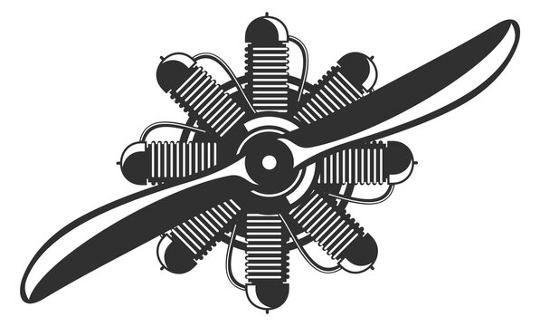 Retro plane propeller black icon. Aircraft engine drawing