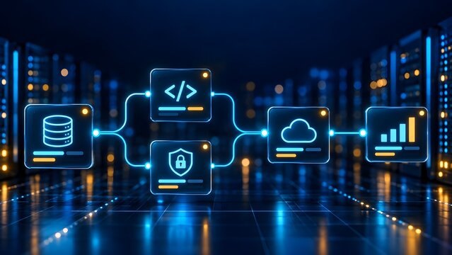 Glowing digital flowchart in a dark server room visualizing secure cloud architecture and software data pipeline integration