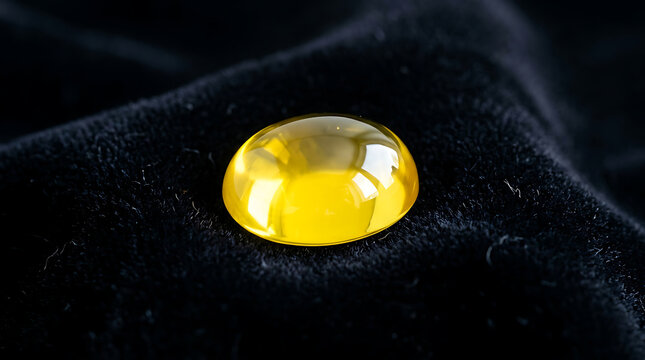A single polished yellow gemstone resting on a black velvet surface