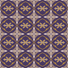 Seamless deep purple and gold floral geometric tile pattern background Luxury vintage ornamental star motif design for wallpaper ceramic tiles and interior decor © Natthita