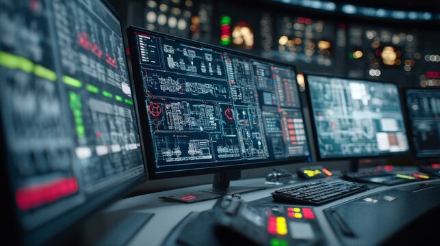A control room with multiple displays showing complex digital interfaces, data streams, and technical layouts