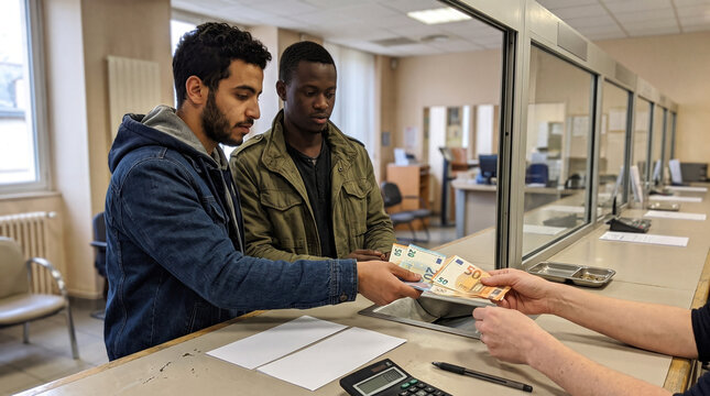 Men exchanging cash at bank counter