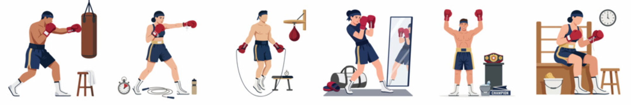 Set of vector illustrations featuring male and female boxers training in the gym, punching bags, jumping rope, and celebrating victory.