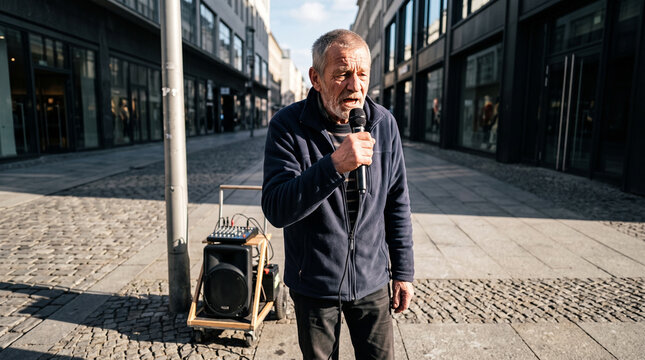 Senior man singing into microphone outdoors