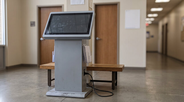 Touchscreen kiosk in office lobby
