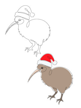 Continuous one line drawing of cute New Zealand kiwi bird in red Santa hat for Christmas celebration design and greeting cards