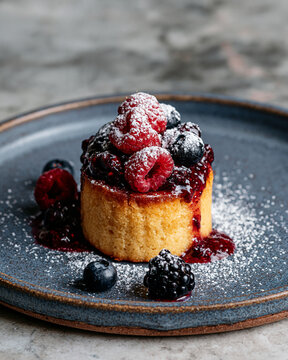 Tiny almond cake with berry compote on stoneware highlighting mindful sweetness portion aware indulgence and refined editorial dessert styling