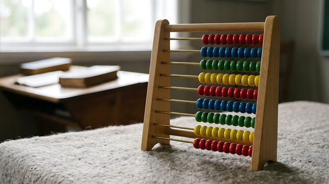 Colorful wooden abacus standing on a textured surface in a sunlit classroom
