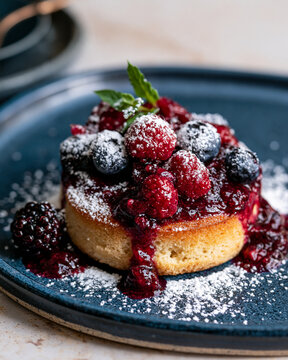 Tiny almond cake with berry compote on stoneware highlighting mindful sweetness portion aware indulgence and refined editorial dessert styling