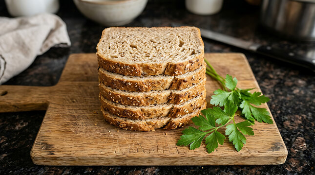 Stack of multigrain bread slices on a wooden cutting board with fresh parsley