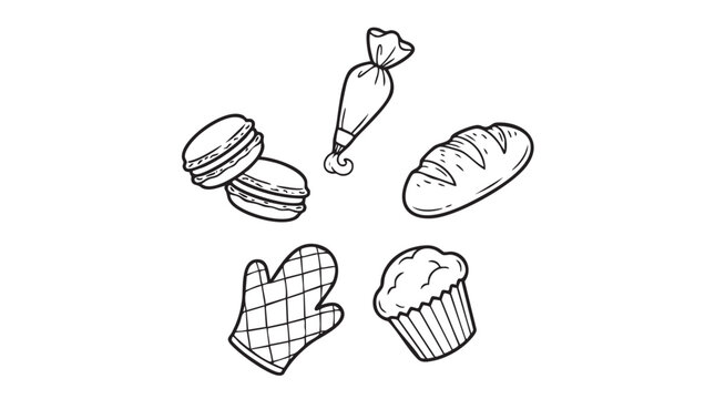 baking items coloring book page, featuring macarons, bread, a piping bag