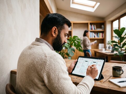 Man annotating digital tablet with architectural plan in cozy home office