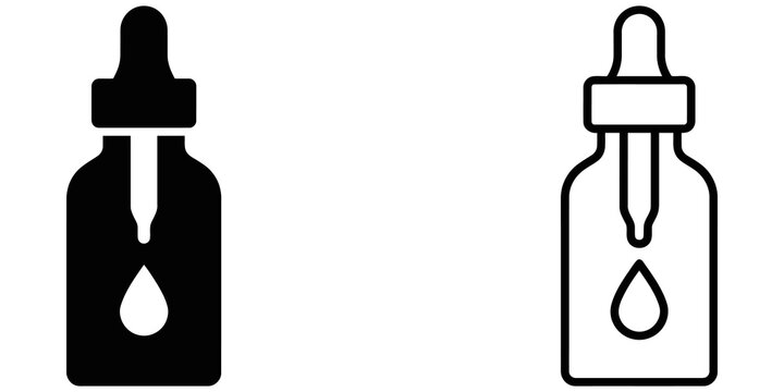 Medical dropper bottle liquid icon set in solid and linear black style.