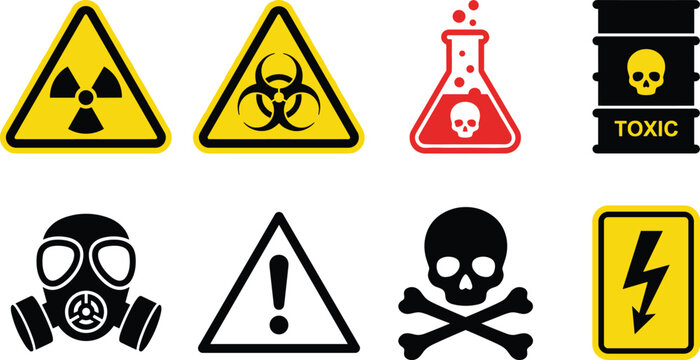 Hazard warning symbol set with radiation biohazard toxic chemical skull gas mask and electrical danger icons