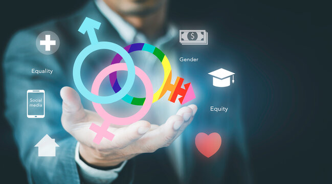 Businessman holding gender equality and social equity concept. Diversity equity and inclusion DEI, male female LGBT symbols, education, health, finance, and human rights.