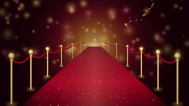 Grand Red Carpet Walkway Entrance with Golden Stanchions and Glowing Bokeh Particles Background