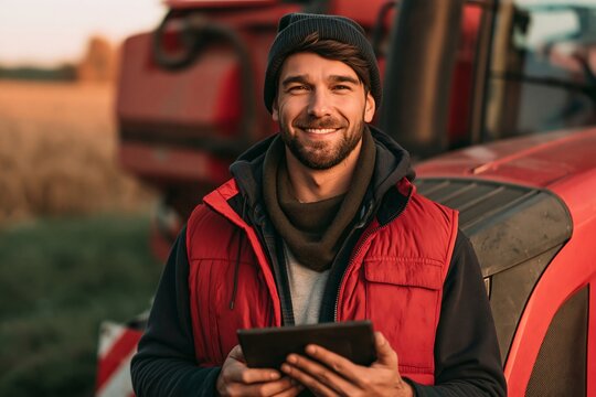 Smiling young farmer holding a tablet computer while standing in front of a red tractor at sunset