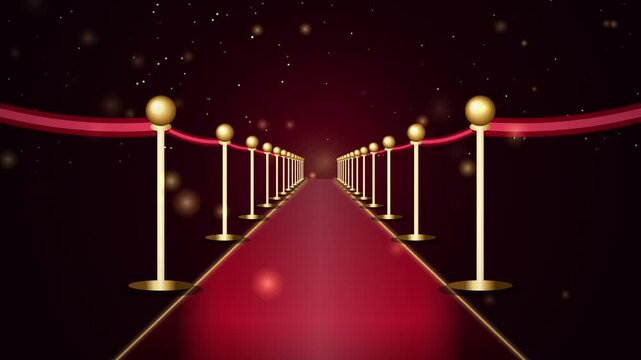 Grand Red Carpet Walkway Leading to Luxury Event Entry with Golden Stanchions and Glowing Particles
