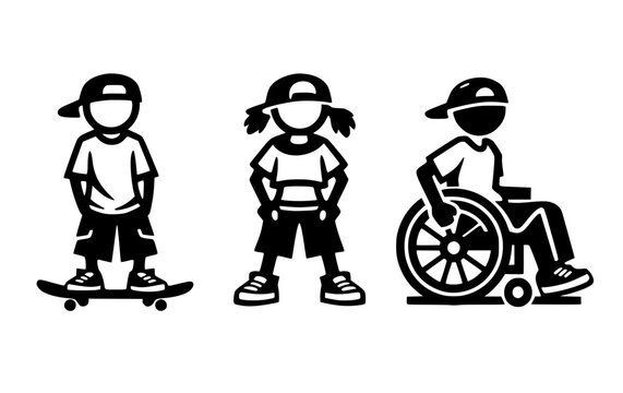 Skatepark skater street teen male female handicap toilet sign signage lavatory water closet monochrome symbol icon white background