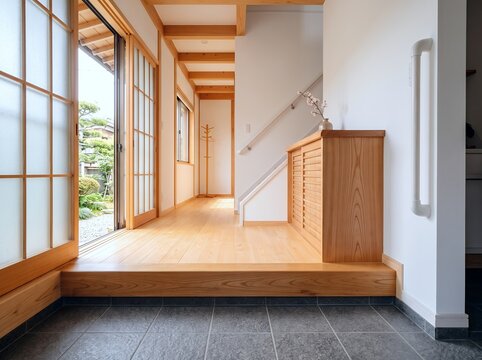 和風モダンな新築住宅の自然光が差し込む開放的で明るい玄関と廊下