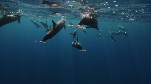 A large pod of dolphins travels gracefully through deep blue ocean water, swimming together in perfect harmony. Their streamlined bodies glide through the clear underwater environment, creating a