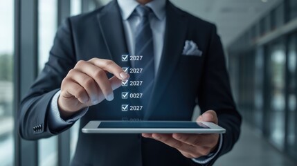 Obraz premium Primer plano de un empresario con un traje elegante que toca una lista de verificación digital luminosa en la pantalla transparente de una tableta, marcando una a una las tareas para el año 2027