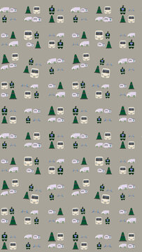 Pattern of vehicles, cones, houses, and equestrian jumps