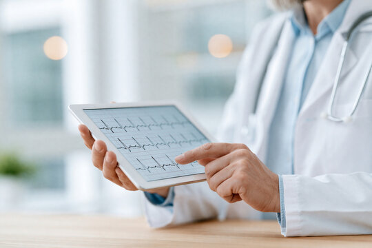 Doctor holds tablet with heartbeat display. Fingers tap screen as patient data updates. Medical professional analyzes vital signs with focus. Modern clinic setting with soft background lighting