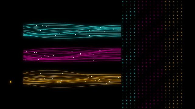 Abstract Digital Data Flow Loop Motion Graphic with Neon Wave Lines and Binary Code Matrix Background