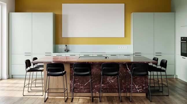 Modern kitchen interior design featuring a large dark marble island with black bar stools, minimalist mint green cabinetry, a vibrant yellow accent wall, and a blank horizontal poster frame mockup.