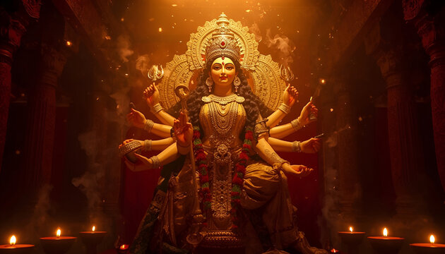 Golden idol of many-armed hindu goddess decorated with ornaments