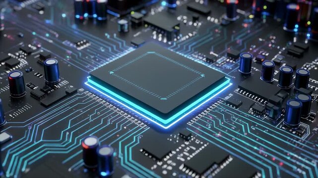Central processing unit on a glowing blue circuit board with intricate pathways during digital data flow concept