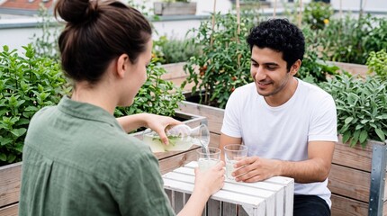 Fototapeta premium Frau schenkt selbstgemachte Limonade im Dachgarten ein