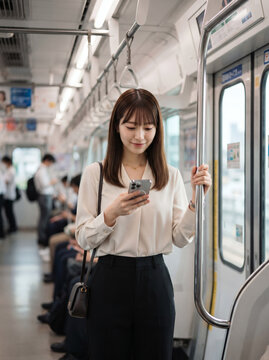 Young woman checking smartphone while traveling on a modern train