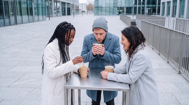 Drei Freunde trinken hei&szlig;e Suppe an Stehtisch im Freien