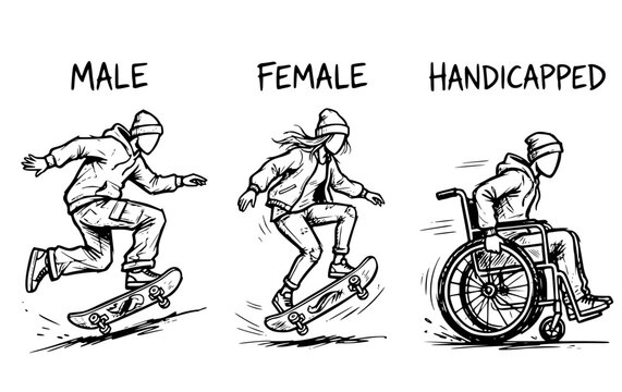Skatepark skater street teen male female handicap toilet sign signage lavatory water closet monochrome symbol icon white background