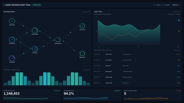 Agent decision audit trail for ai process nodes, decision graphs, performance metrics, for automated workflow monitoring, data analysis, system intelligence in modern technology.