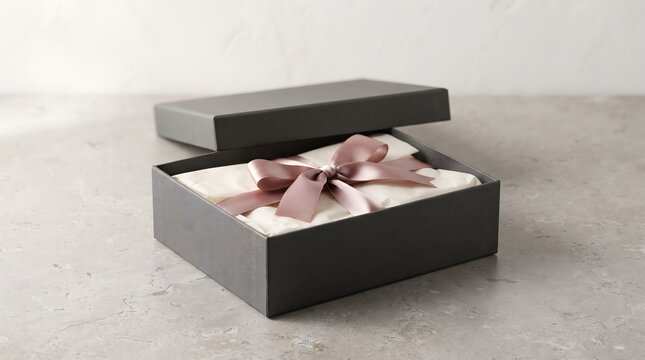 Box is presented with a silk bow and tag on a minimalist surface to suggest high-end product packaging.