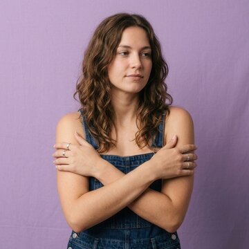 Young Woman Embracing Herself In A Contemplative Pose Against A Purple Backdrop