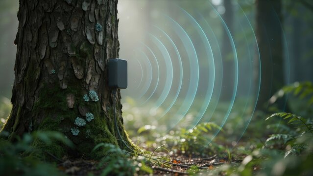 Smart forestry sensor mounted on tree trunk transmitting wireless signals in forest