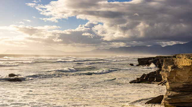 pounding surf, wild places, walker bay nature reserve, south africa, rocky coastline, beauty, dramatic seascape, scenic, sunset, late afternoon, beach, sea, ocean, coast, water, sky, landscape, sand, 