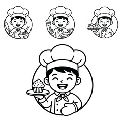 Fototapeta premium Adorable boy chef line vector perfect for kids menu, bakery logo, and culinary branding
