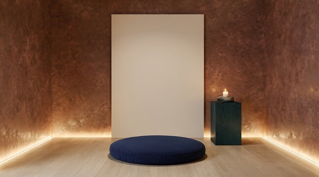 Minimalist Zen Meditation Room with Blue Floor Cushion Lit Candle on Wooden Pedestal and Blank Vertical Canvas Mockup on Textured Earth Tone Wall for Mindfulness and Wellness Concept