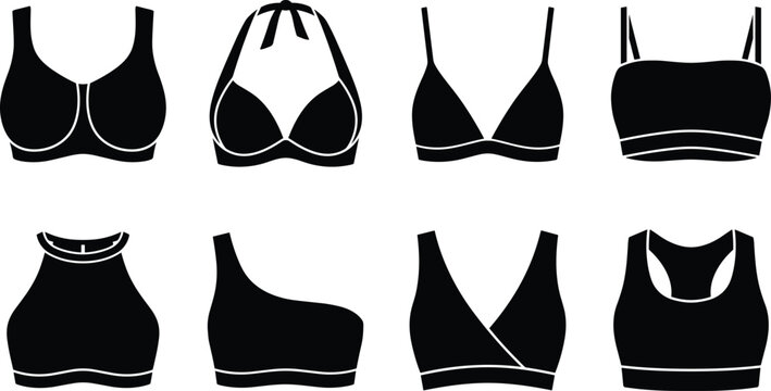 Set of Eight Bra and Bralette Silhouette Icons Featuring Full Coverage, Triangle, Bandeau, and Sports Styles