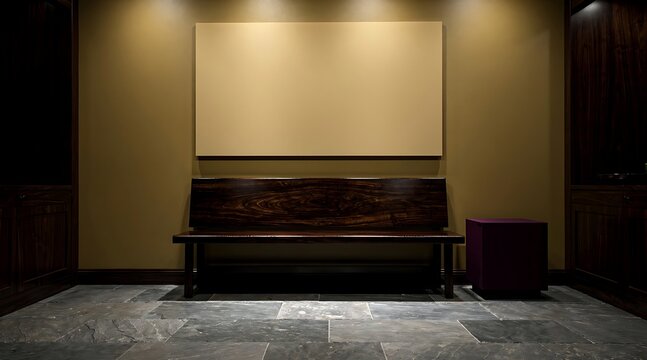 Upscale modern interior design showcasing a premium dark grain wooden bench, a large empty beige canvas for mockup, and a minimalist purple accent cube in a sophisticated lounge area with stone floor.