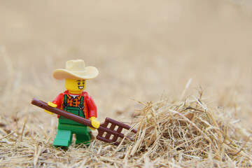 Fototapeta premium Lego minifigure of happy farmer with pitchfork or hayfork is doing in the natural dried grass field. Editorial illustrative image of popular plastic toy.