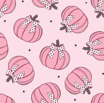 Seamless vector pattern with pink pumpkins with polka dot bows on pink background, cute, sweet girly Halloween texture.
Repeating design for fabric, wallpaper, wrapping paper, packaging, digital 