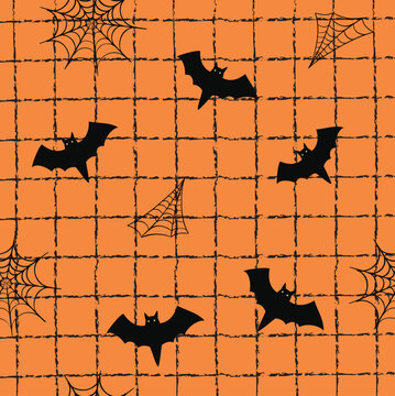 Seamless vector pattern with black bats and spider webs on orange grid background, Halloween texture.
Flying bat silhouettes and hand drawn spider webs on an orange checkered background,