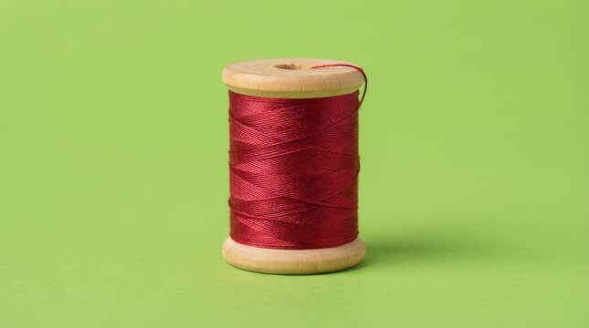 A spool of red sewing thread on a solid green background