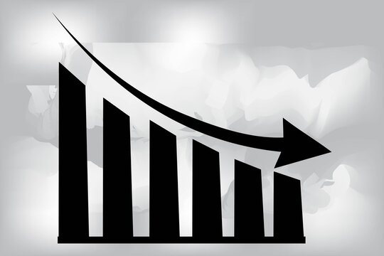 Downward arrow with decreasing bar chart isolated on white background